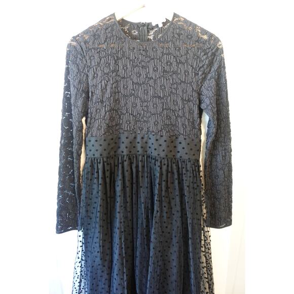 Manoush Dress Womens 8 Black Lace Polka Dot Maxi Long Sleeve Stretch Tulle Goth - Picture 2 of 12